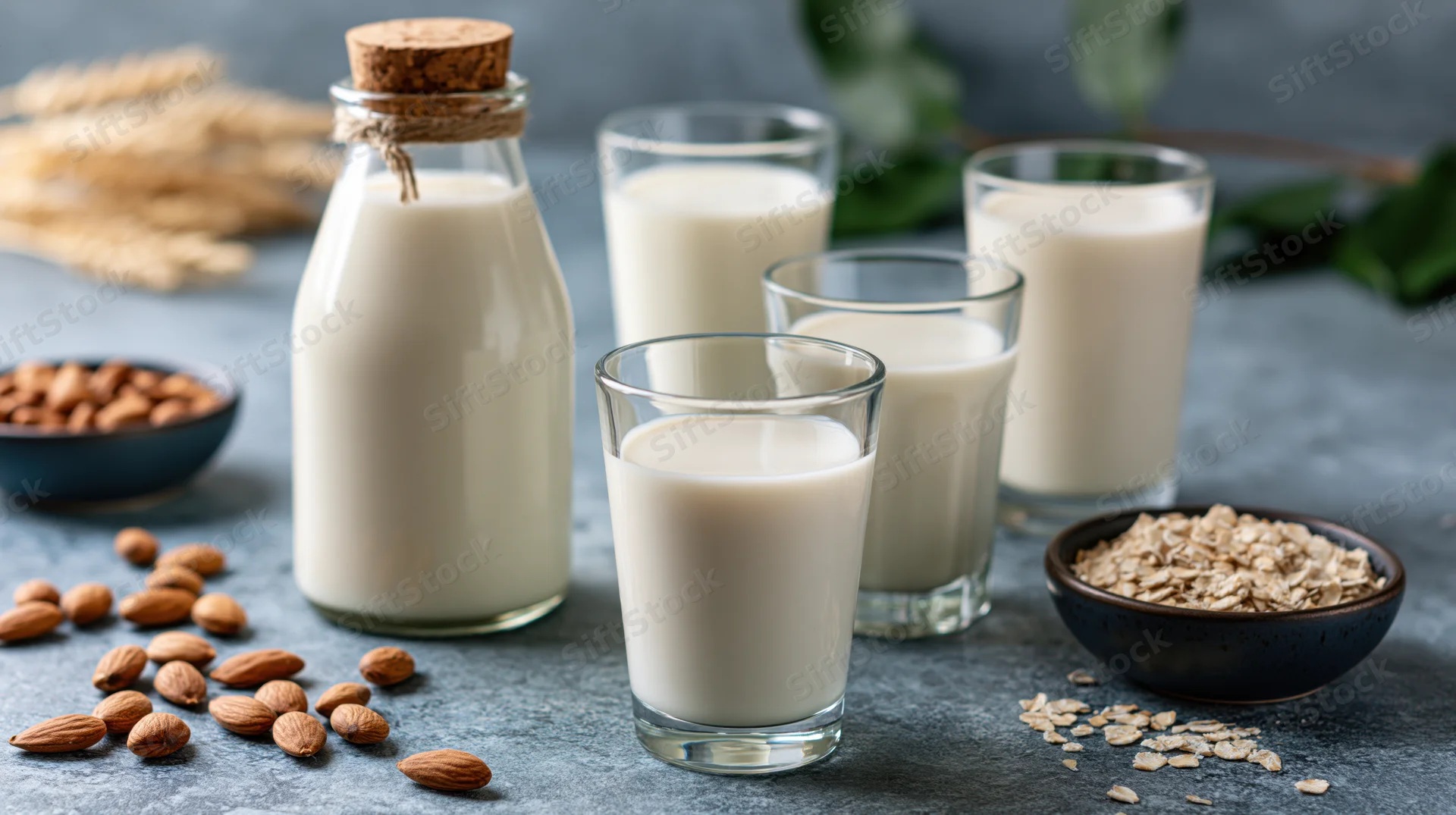 Almond milk in glasses and a corked bottle with scattered almonds and oats on a gray stone surface
