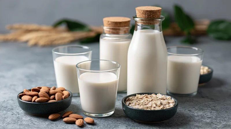 Plant-based milk in glasses and bottles with bowls of almonds and oats on a gray surface