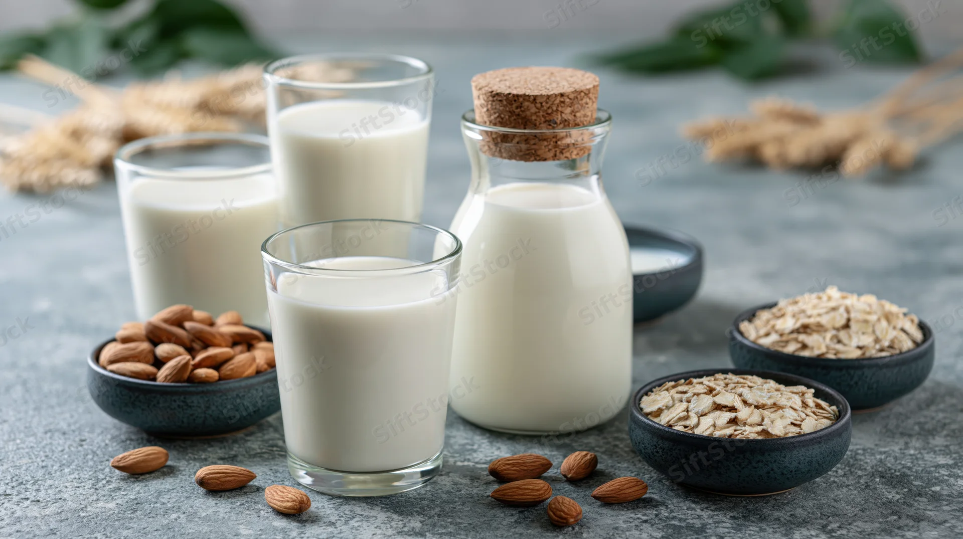 Glasses and a corked bottle of white milk arranged with bowls of almonds and oats on a gray stone surface
