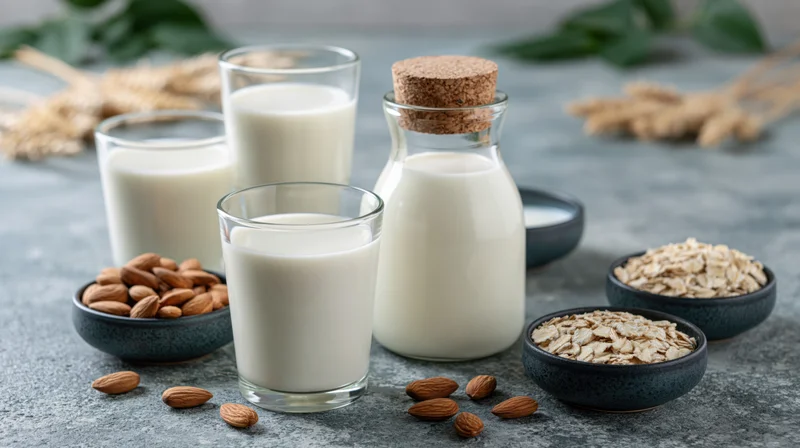 Glasses and a corked bottle of white milk arranged with bowls of almonds and oats on a gray stone surface