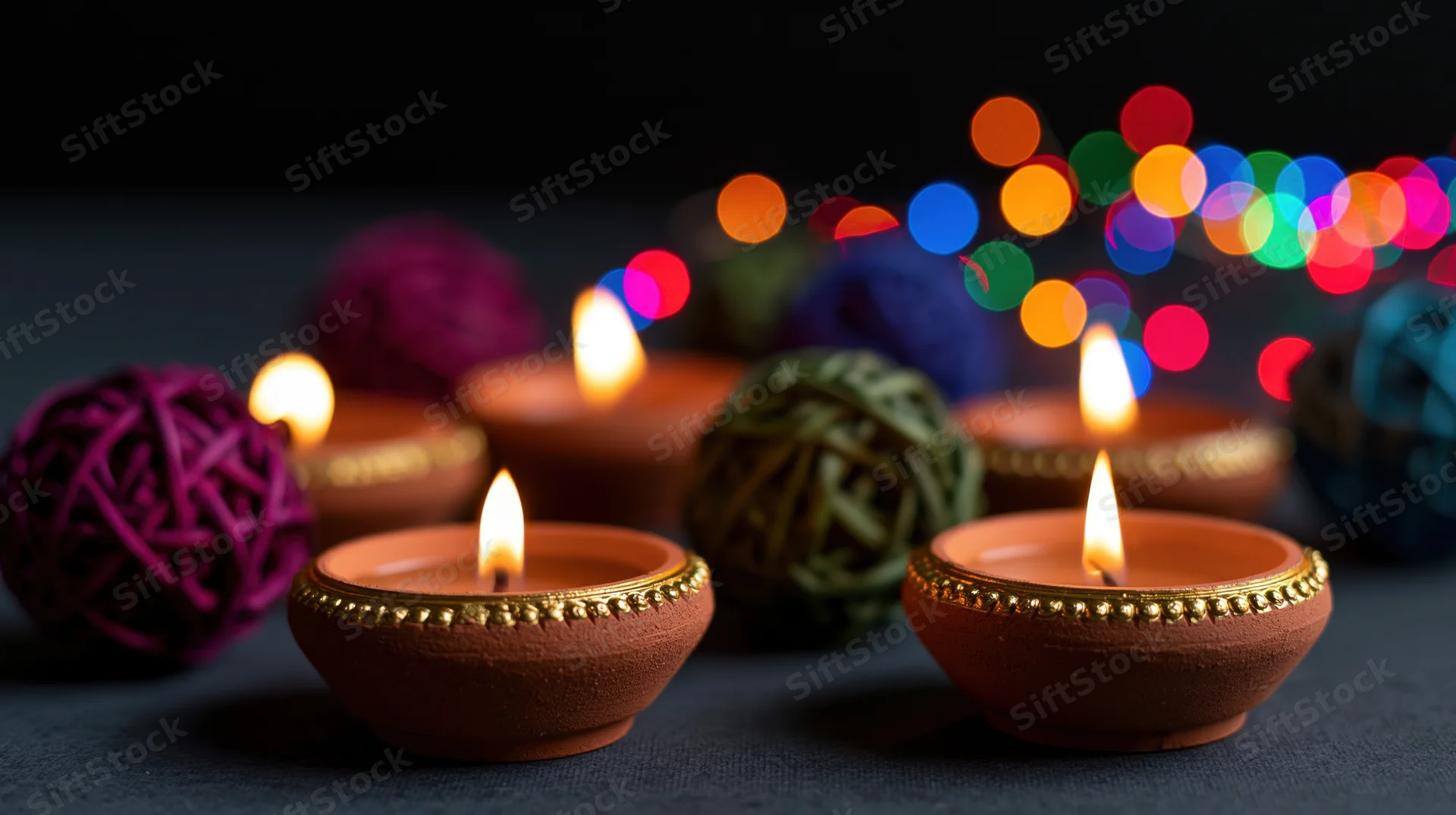 Lit clay diya oil lamps arranged on dark surface with colorful bokeh lights in background