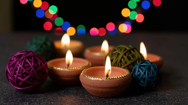 Lit clay diya oil lamps arranged on dark surface with colorful bokeh lights in background