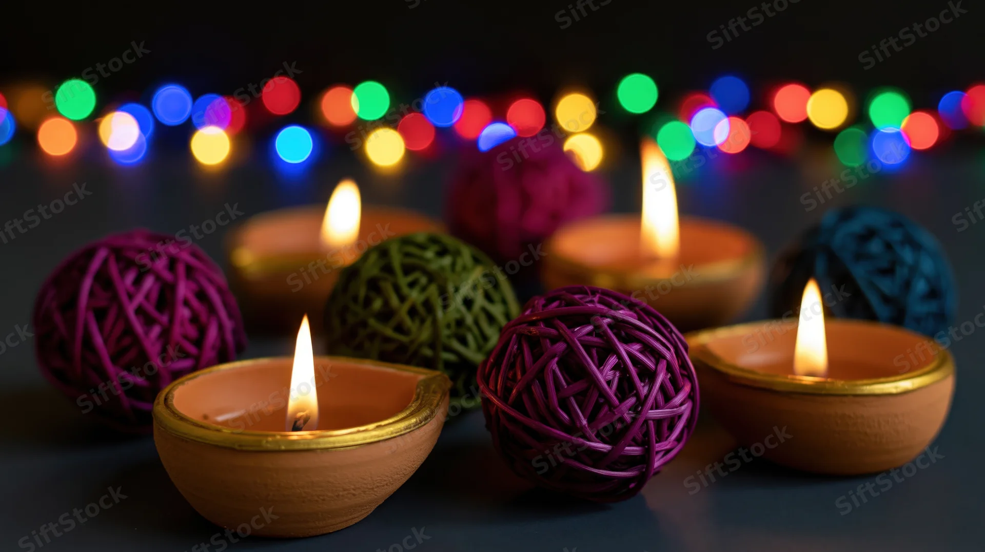 Lit clay diya oil lamps arranged on dark surface with colorful bokeh lights in background