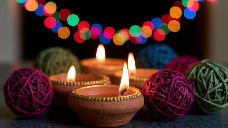 Lit clay diya oil lamps arranged on dark surface with colorful string lights in background