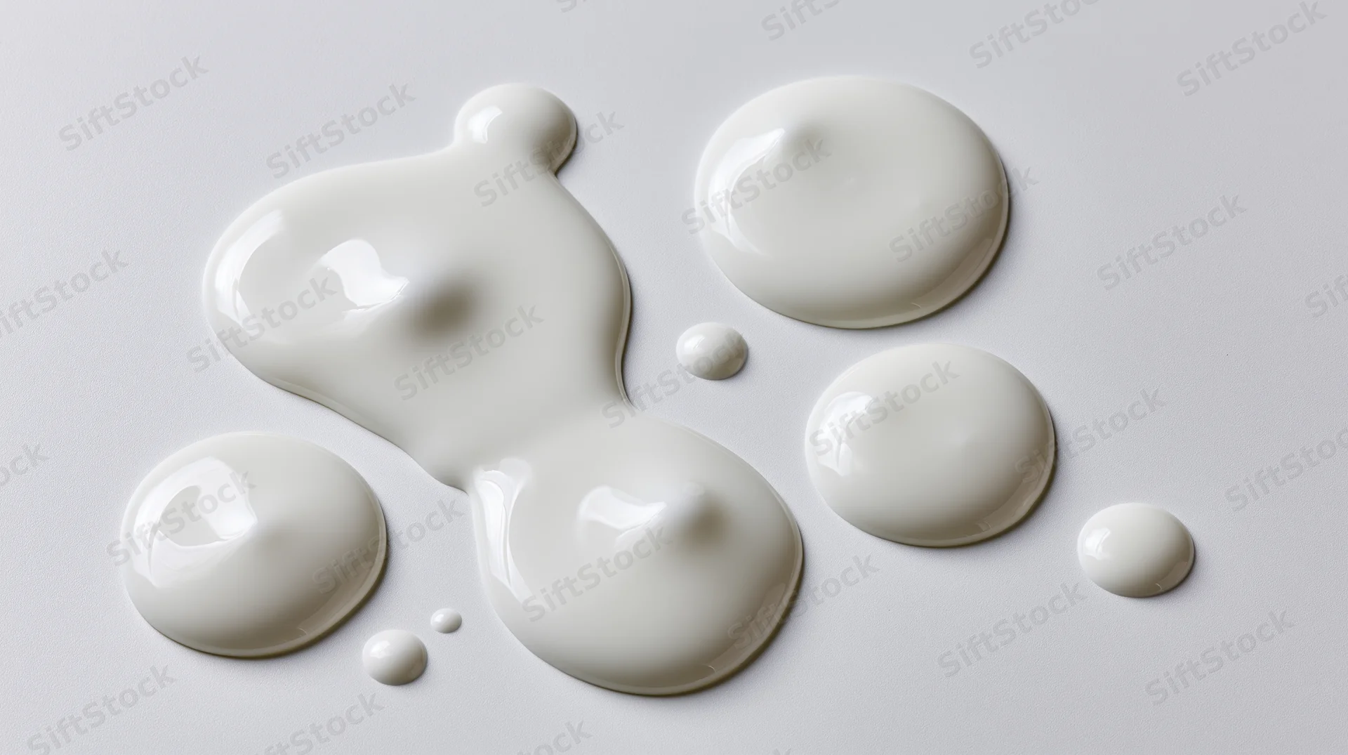 White cream puddles and droplets on a smooth surface