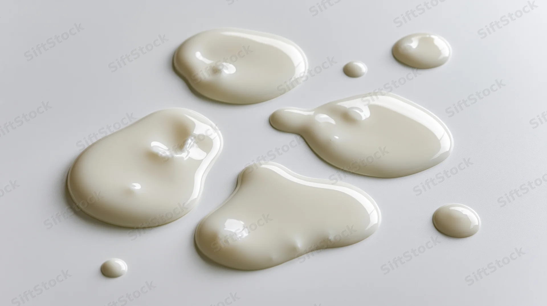 White cream puddles and droplets scattered on a smooth surface