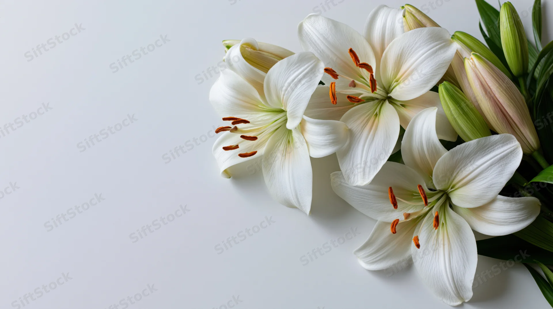 White lilies in bloom with orange stamens and green stems arranged on a plain surface