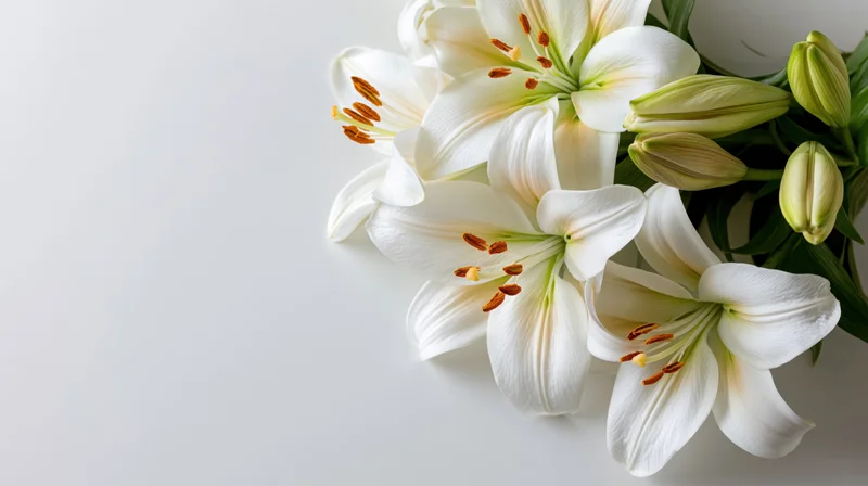 White lilies in bloom with green stems and buds arranged on a light surface