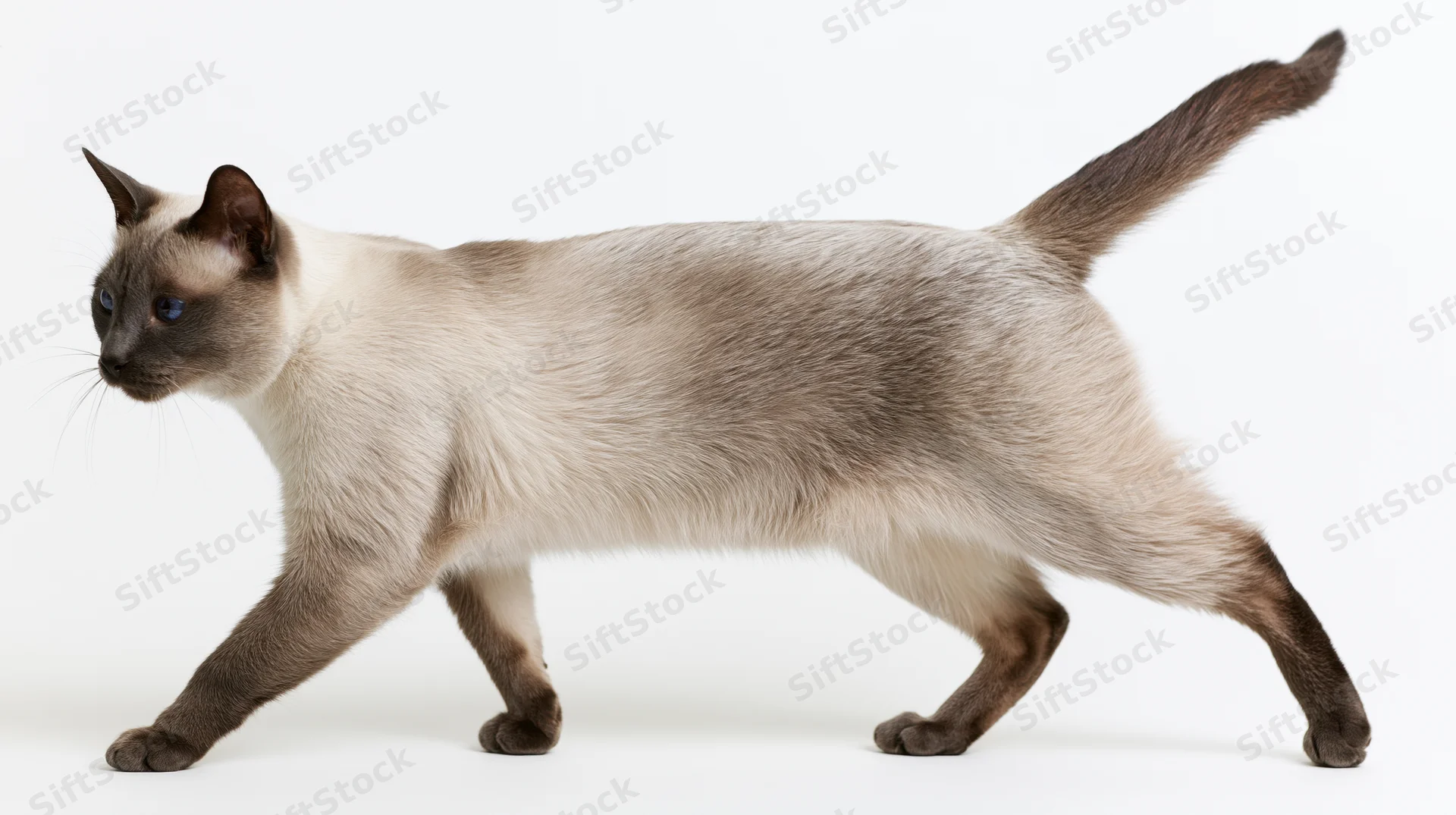Siamese cat walking midstride in profile against a white seamless background