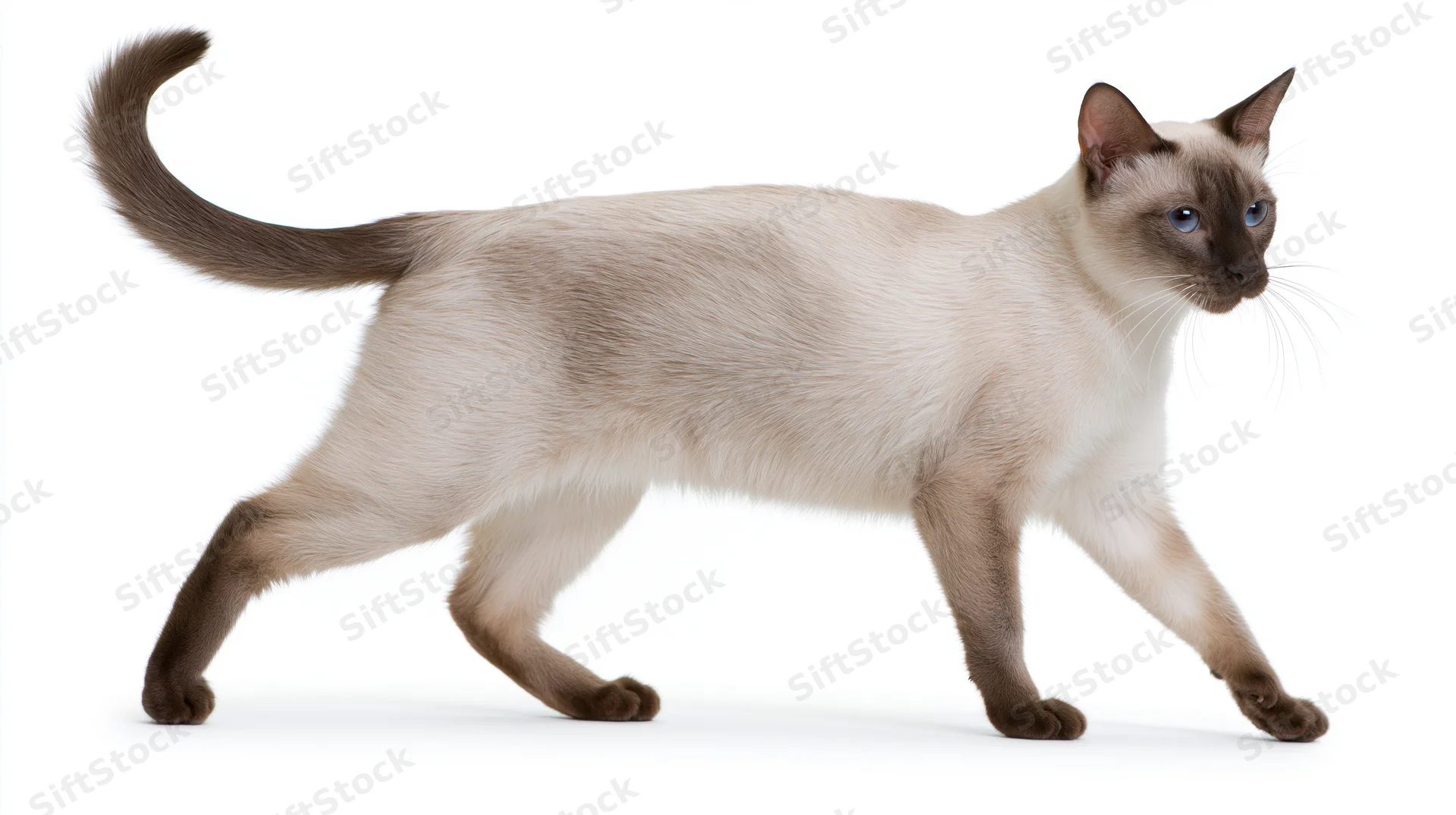 Siamese cat walking midstride on white seamless background