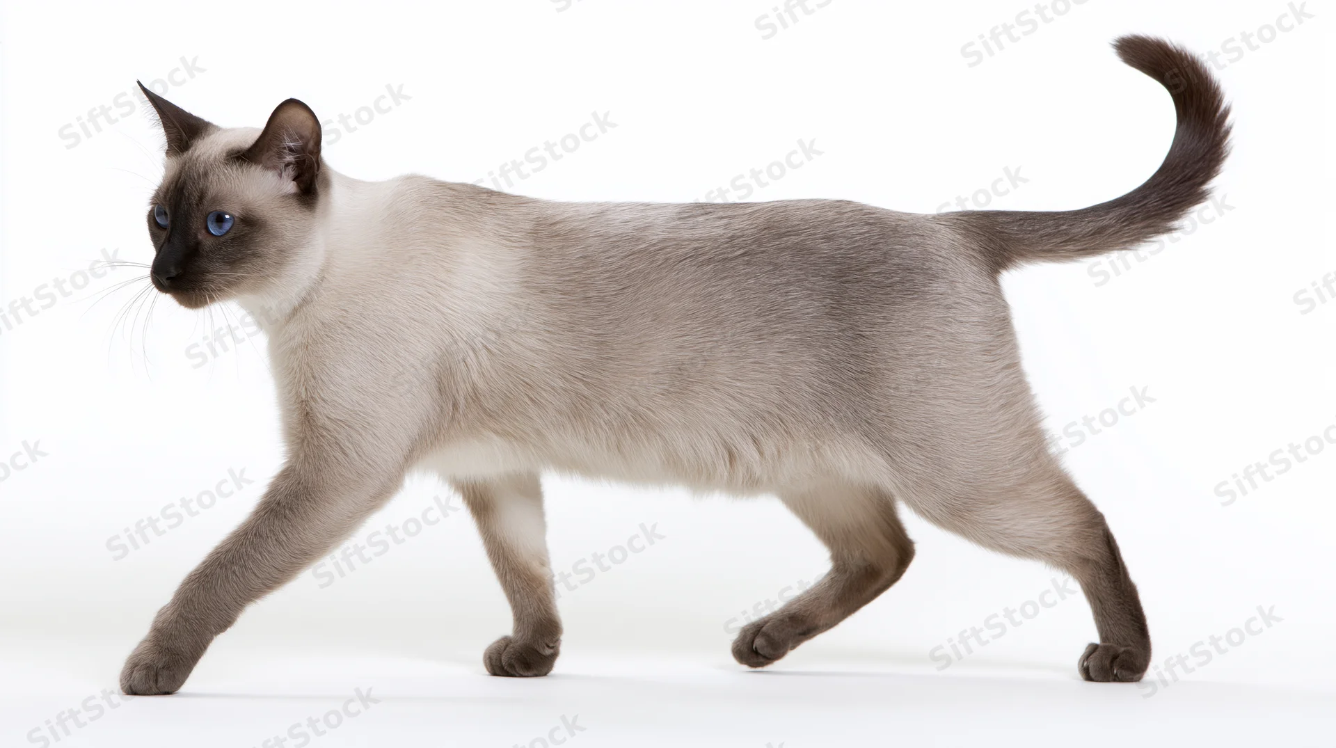 Siamese cat midstride walking across white seamless background