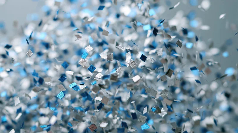 Metallic blue and silver confetti pieces floating mid-air in celebration