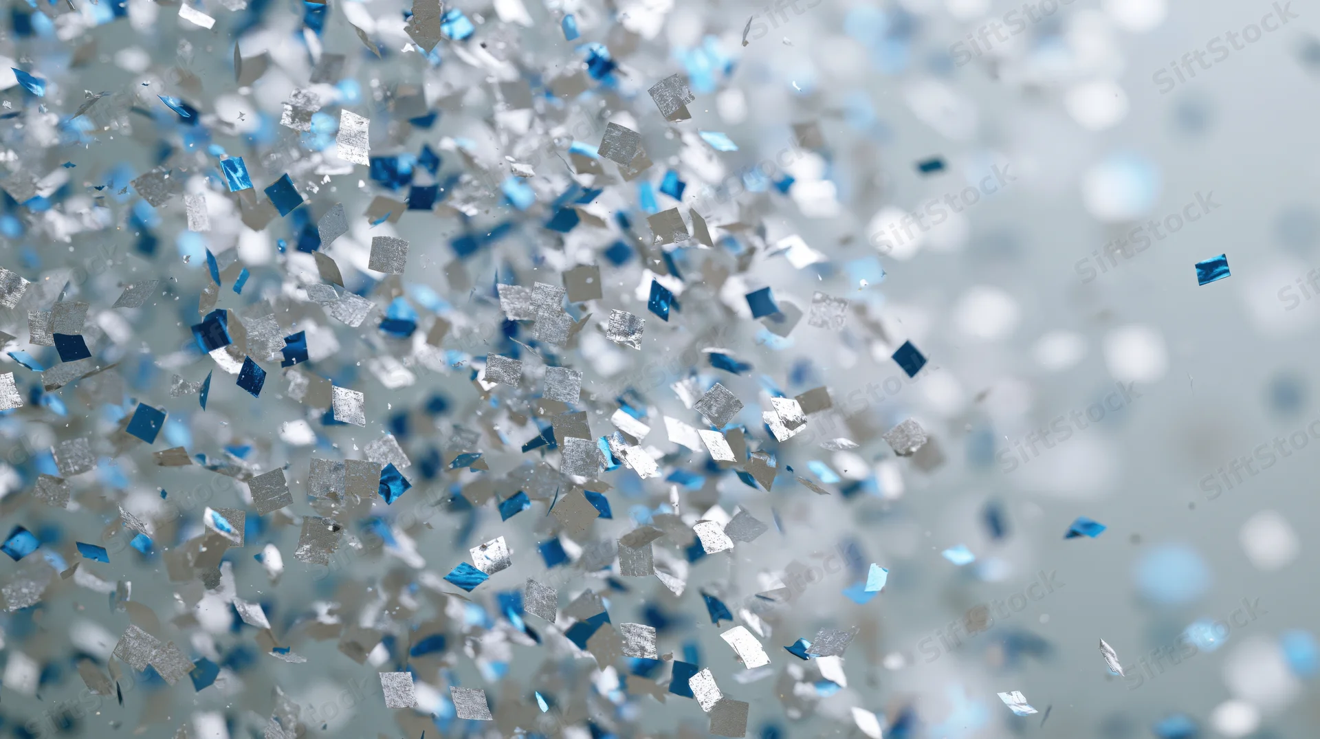 Silver and blue metallic confetti pieces floating mid-air against a soft blurred background