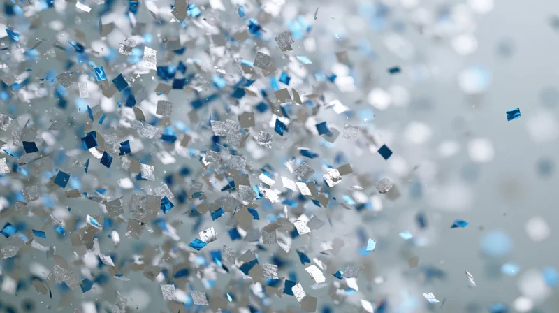 Silver and blue metallic confetti pieces floating mid-air against a soft blurred background