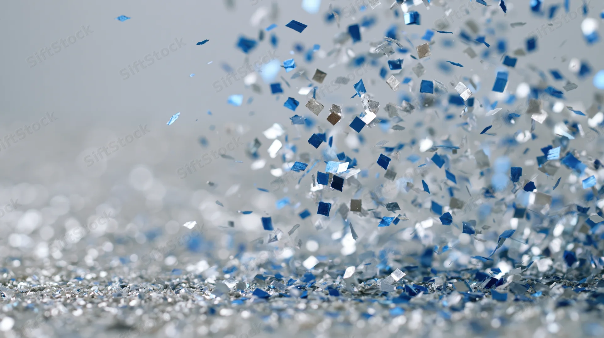Blue and silver metallic confetti exploding mid-air over a scattered pile on a light surface
