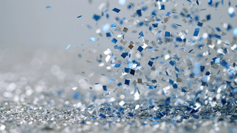 Blue and silver metallic confetti exploding mid-air over a scattered pile on a light surface