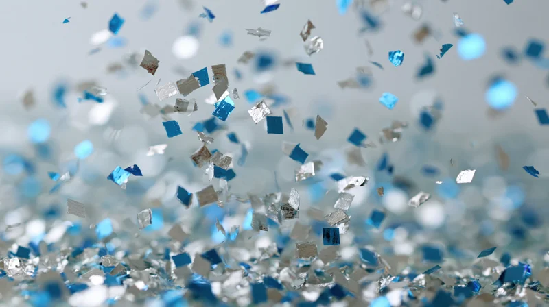 Blue and silver metallic confetti pieces floating mid-air in celebration