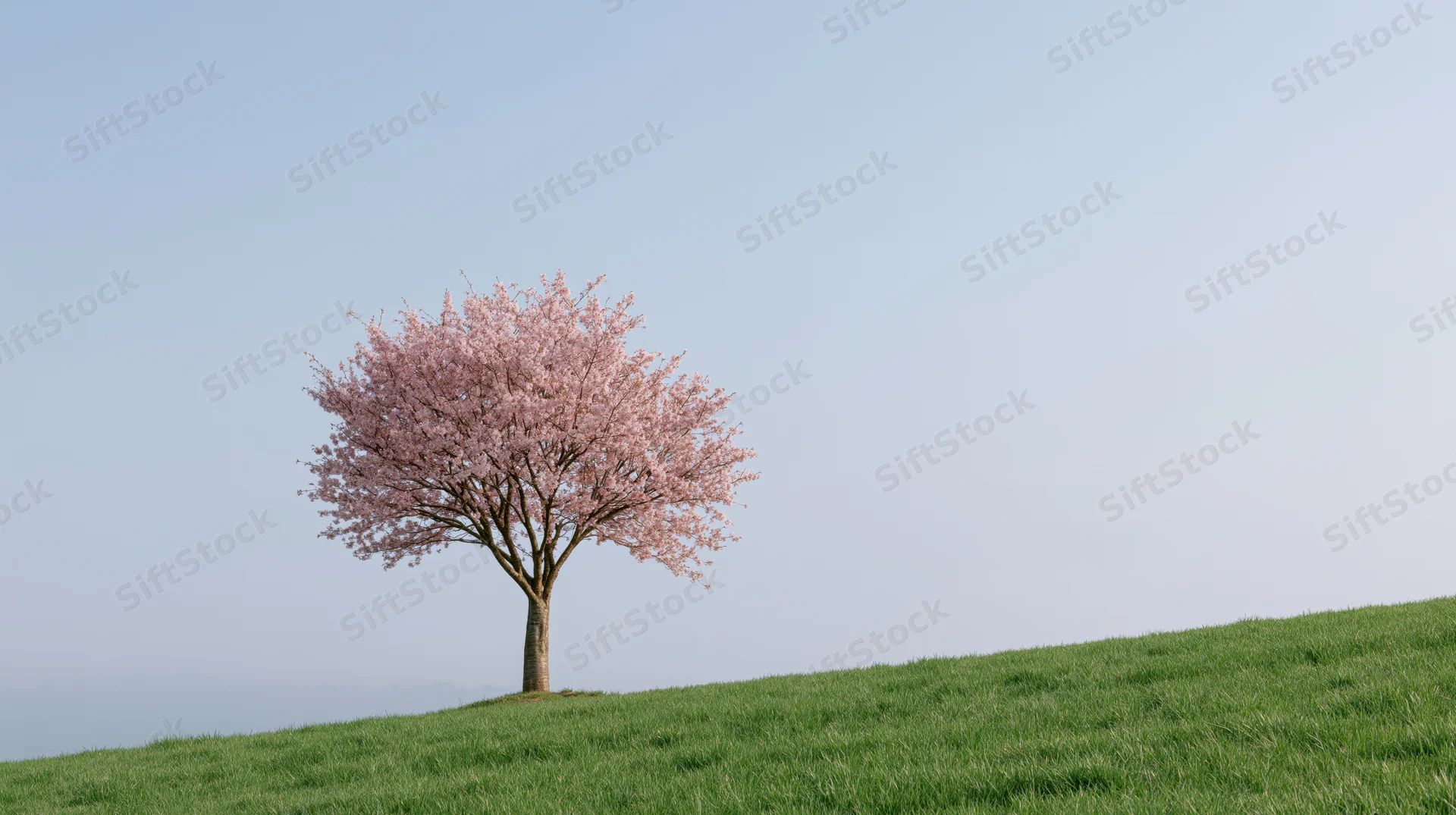 Cherry blossom tree in full bloom on a grassy hill under clear sky