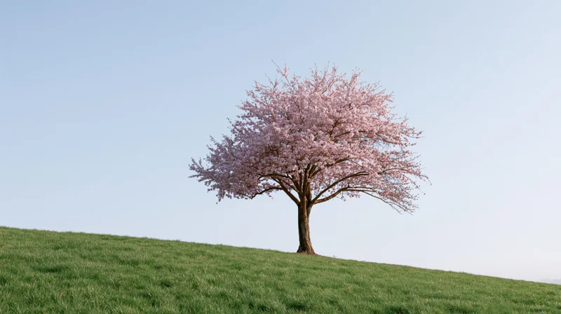 Cherry blossom tree in full bloom on a grassy hill under clear sky