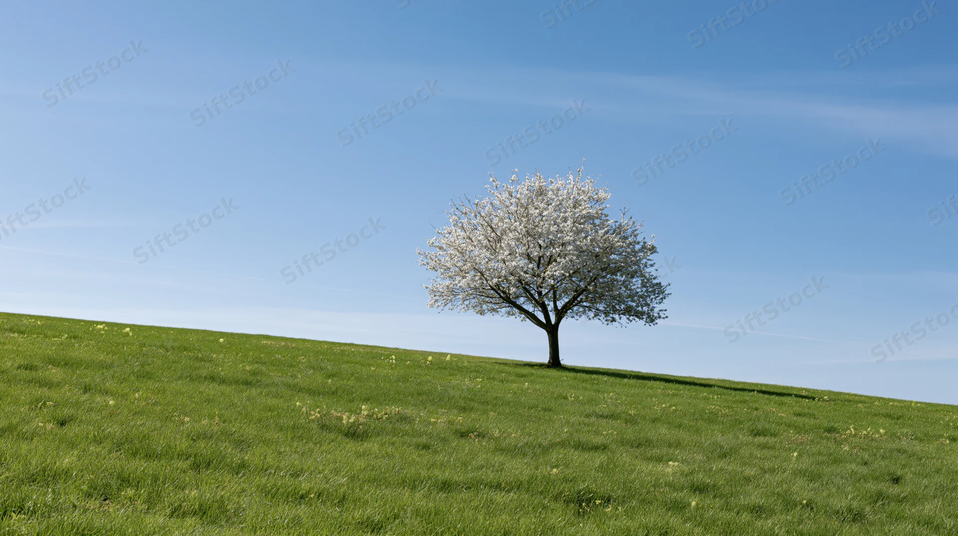 Single cherry blossom tree in full white bloom on a green hill under a clear blue sky