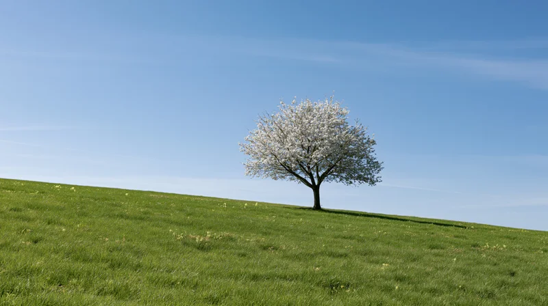 Single cherry blossom tree in full white bloom on a green hill under a clear blue sky