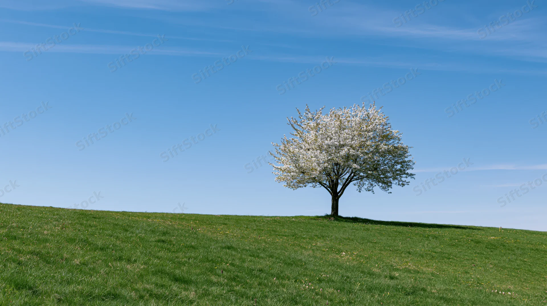 Single cherry blossom tree in full white bloom on a grassy hill under a clear blue sky