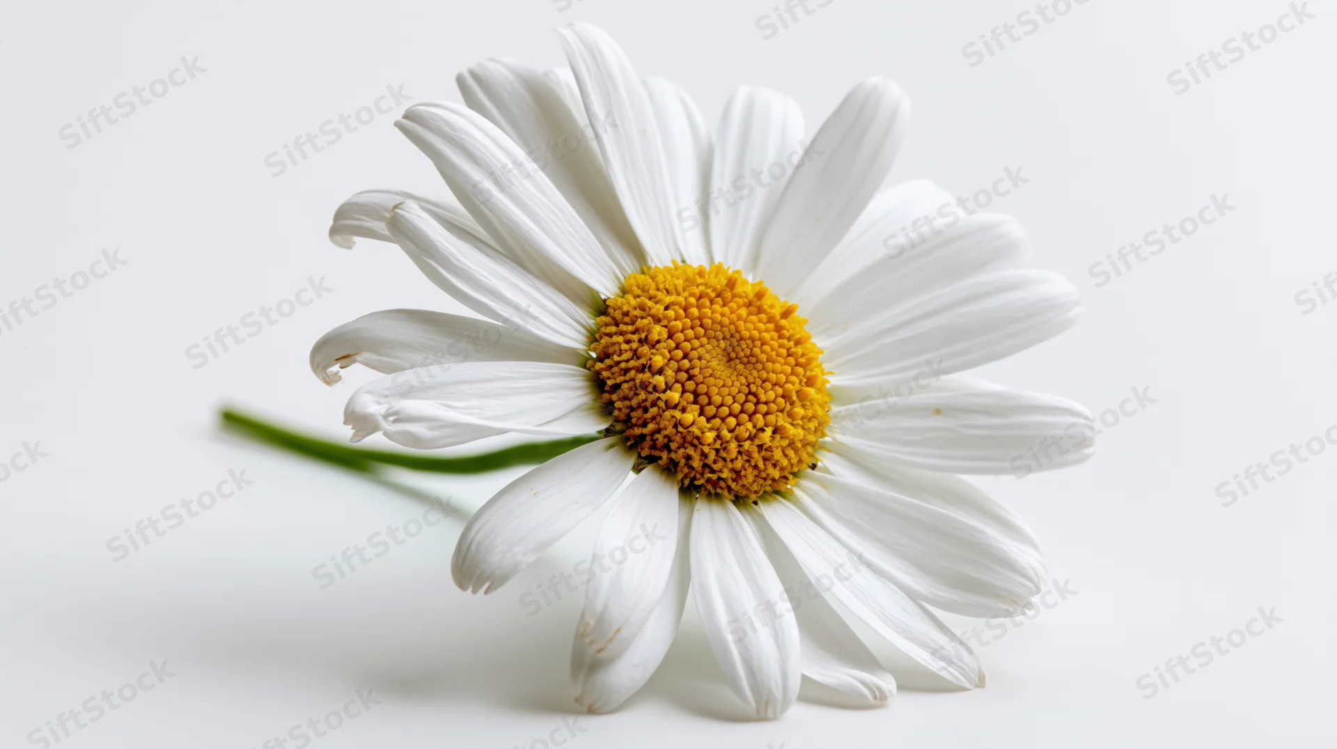 Single daisy flower with white petals and yellow center lying on white surface