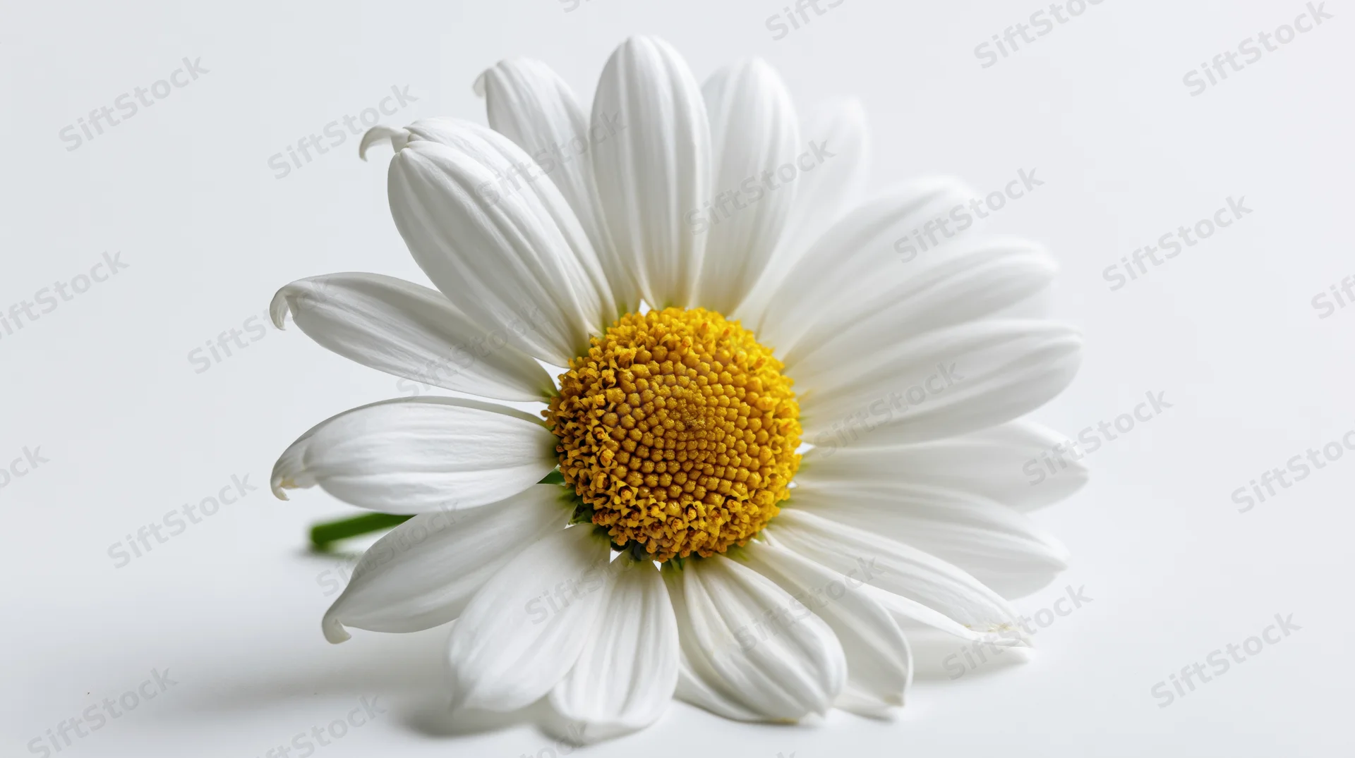 Single daisy flower with white petals and yellow center on white background