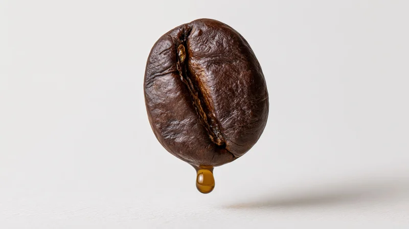 Dark roasted coffee bean floating upright with oil droplet dripping against white background