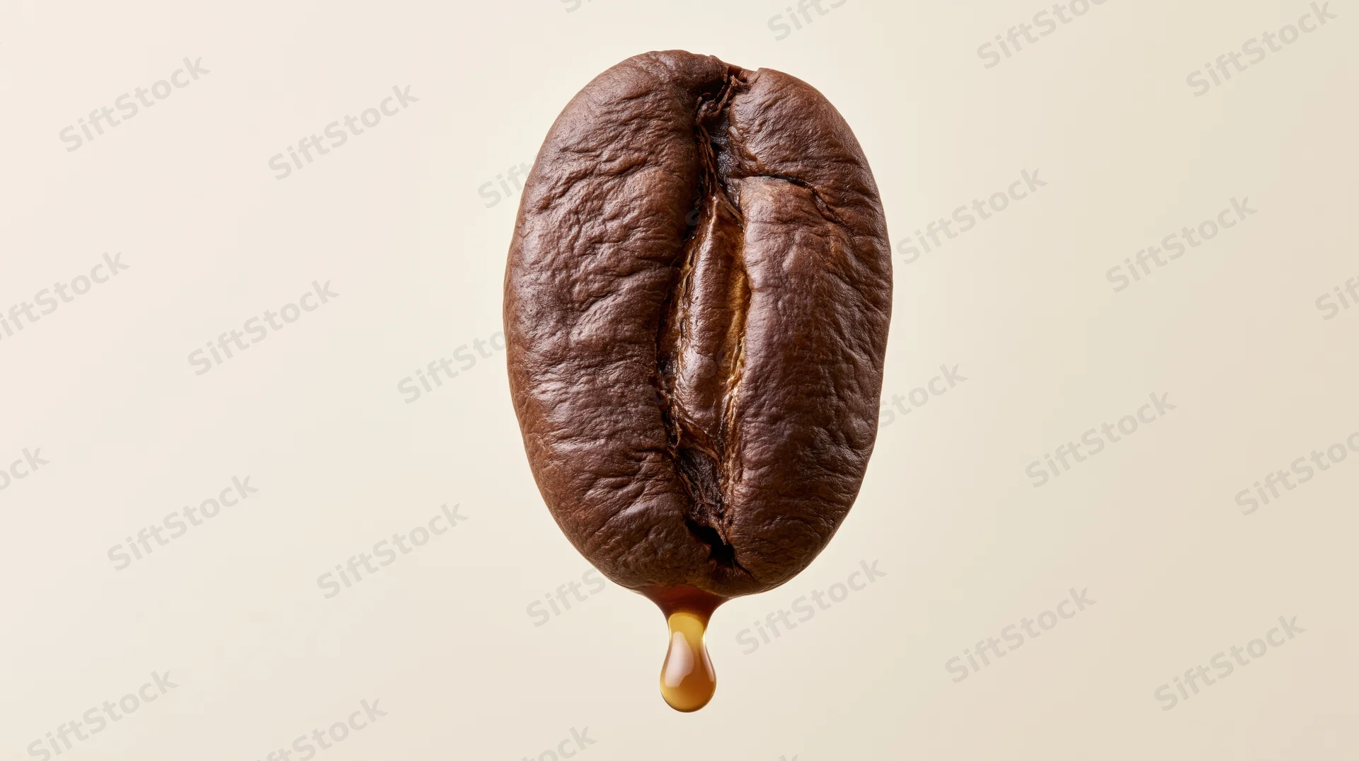 Dark roasted coffee bean with oil droplet dripping from bottom against plain background