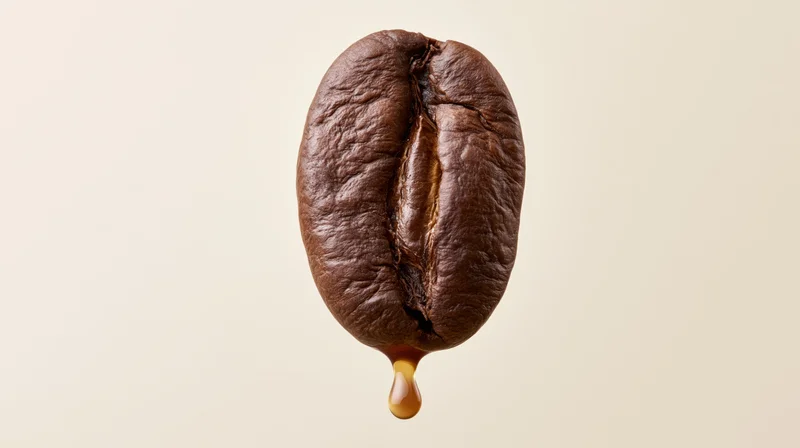 Dark roasted coffee bean with oil droplet dripping from bottom against plain background
