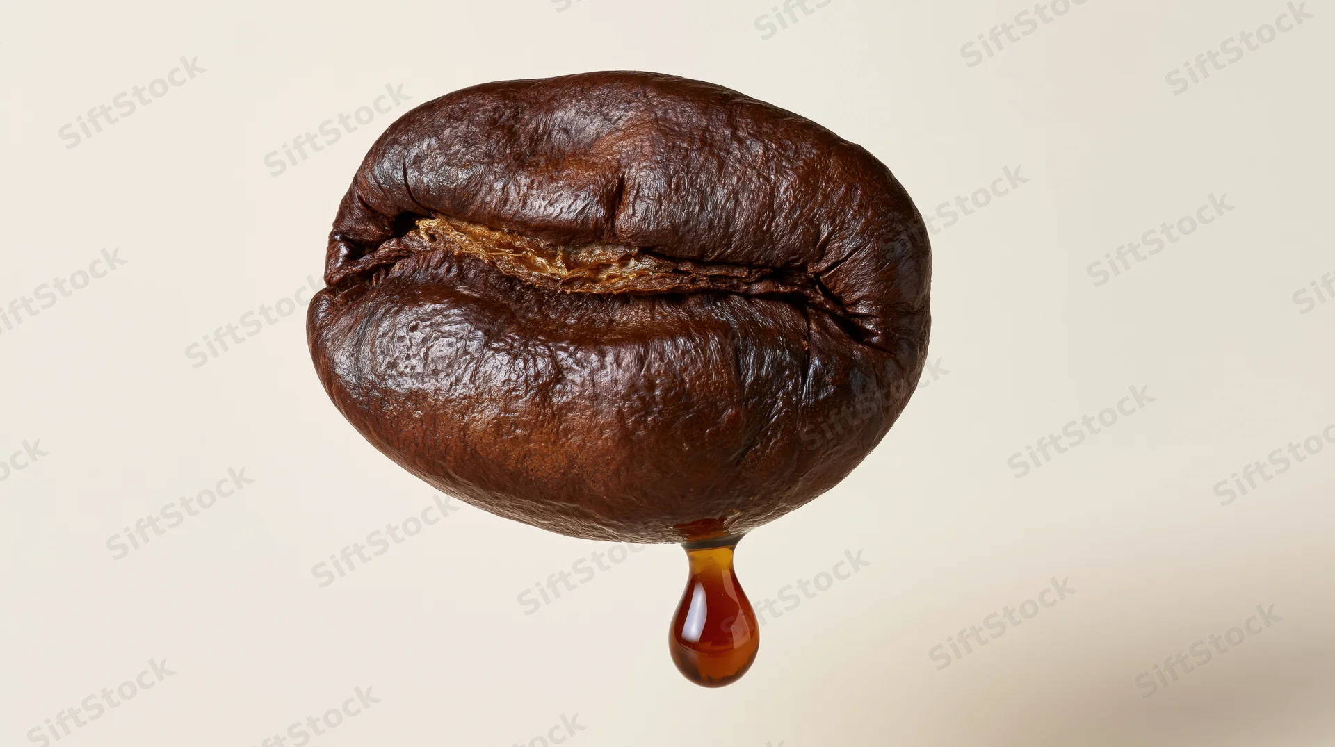 Dark roasted coffee bean floating upright with oil drip against plain background