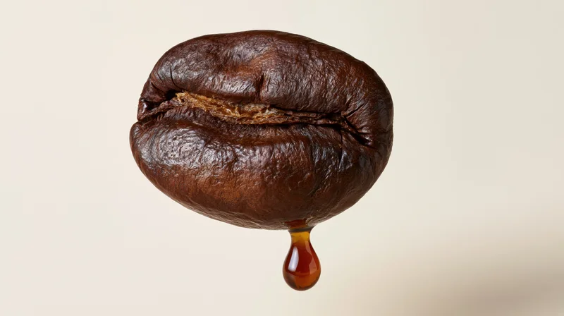 Dark roasted coffee bean floating upright with oil drip against plain background