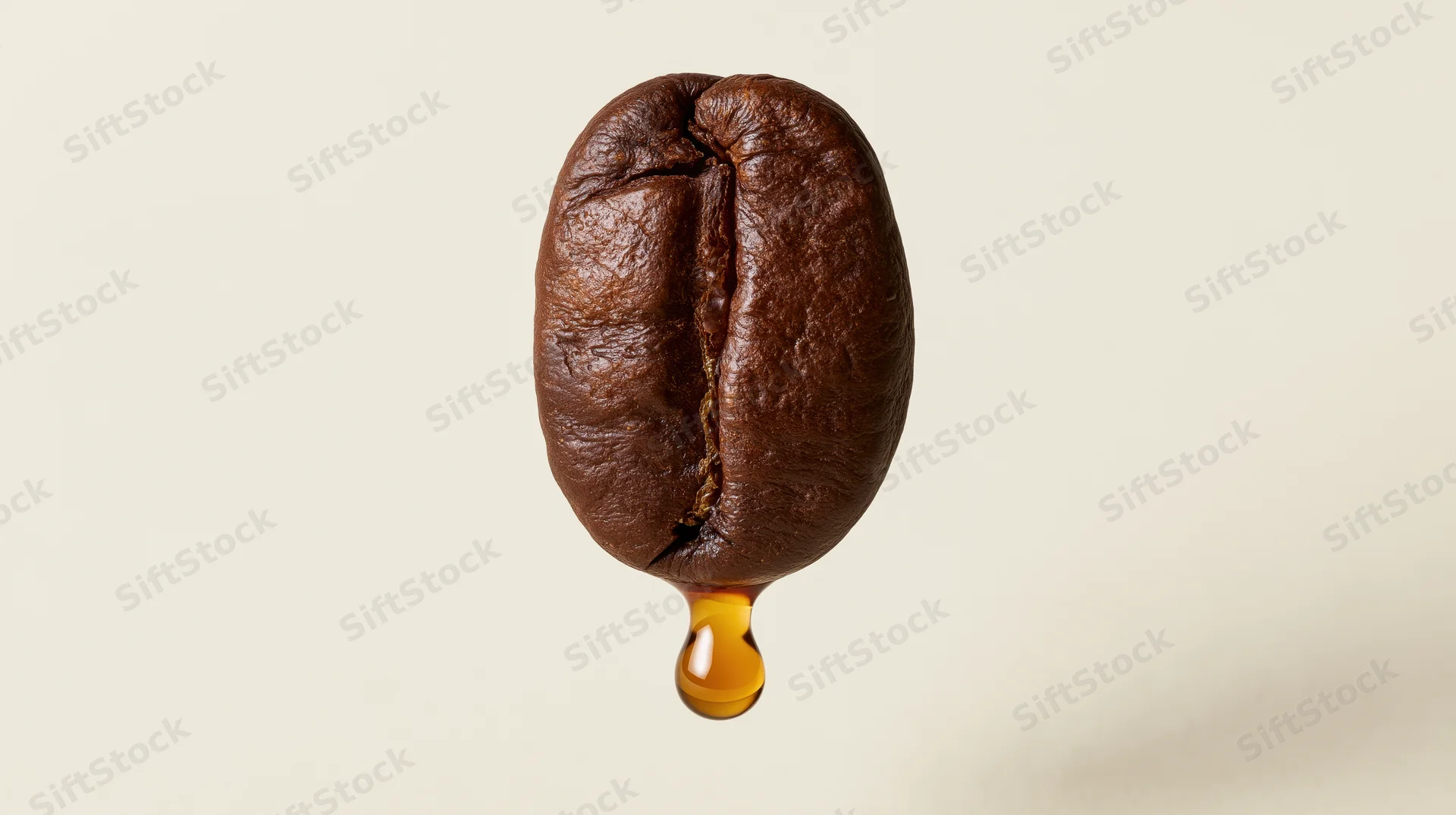 Dark roasted coffee bean floating upright with oil drop dripping from bottom against plain background