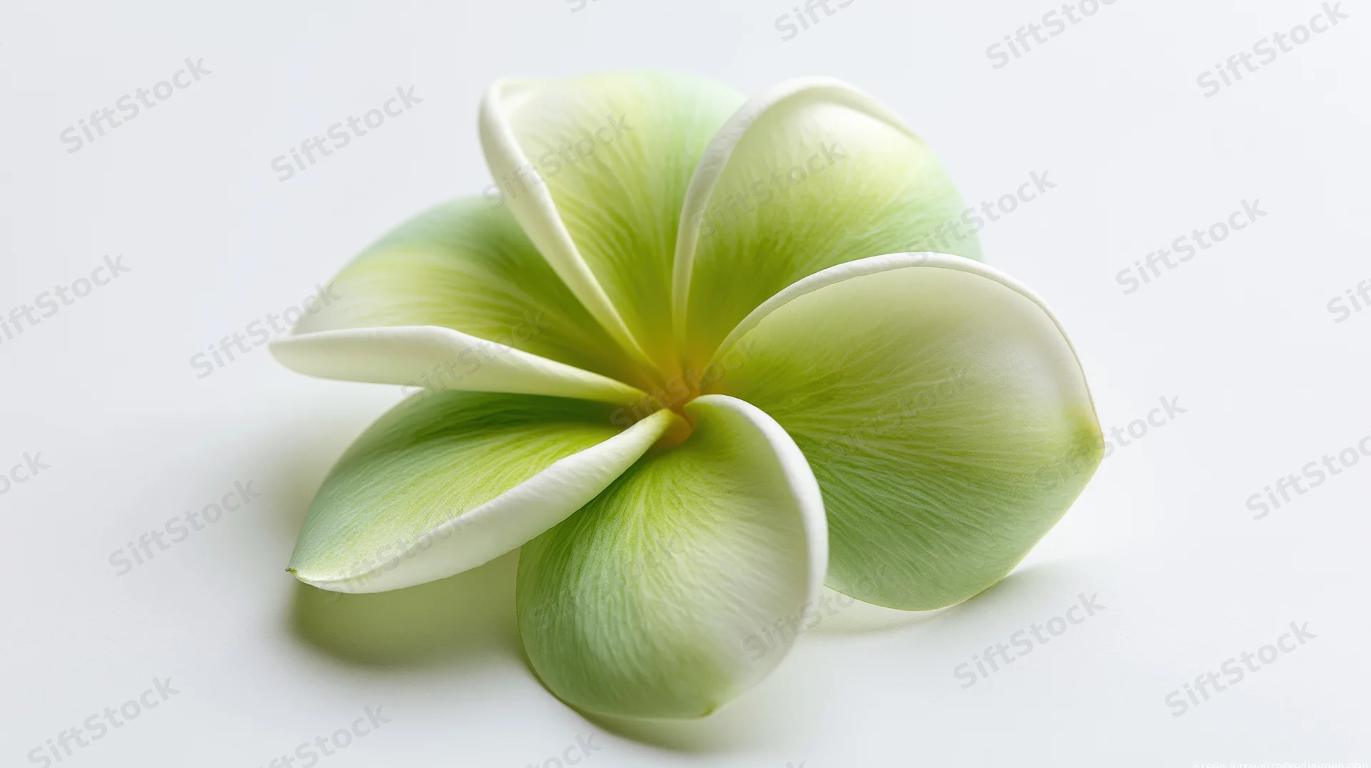 Single plumeria frangipani flower resting flat on white surface with overlapping petals