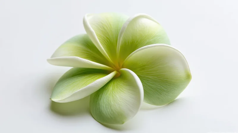 Single plumeria frangipani flower resting flat on white surface with overlapping petals