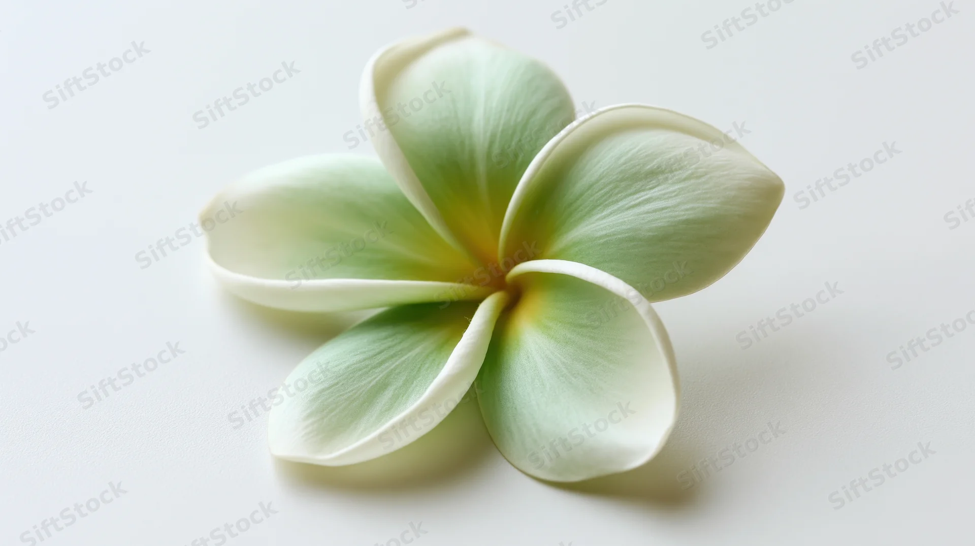 Single plumeria frangipani flower resting flat on white surface with overlapping petals