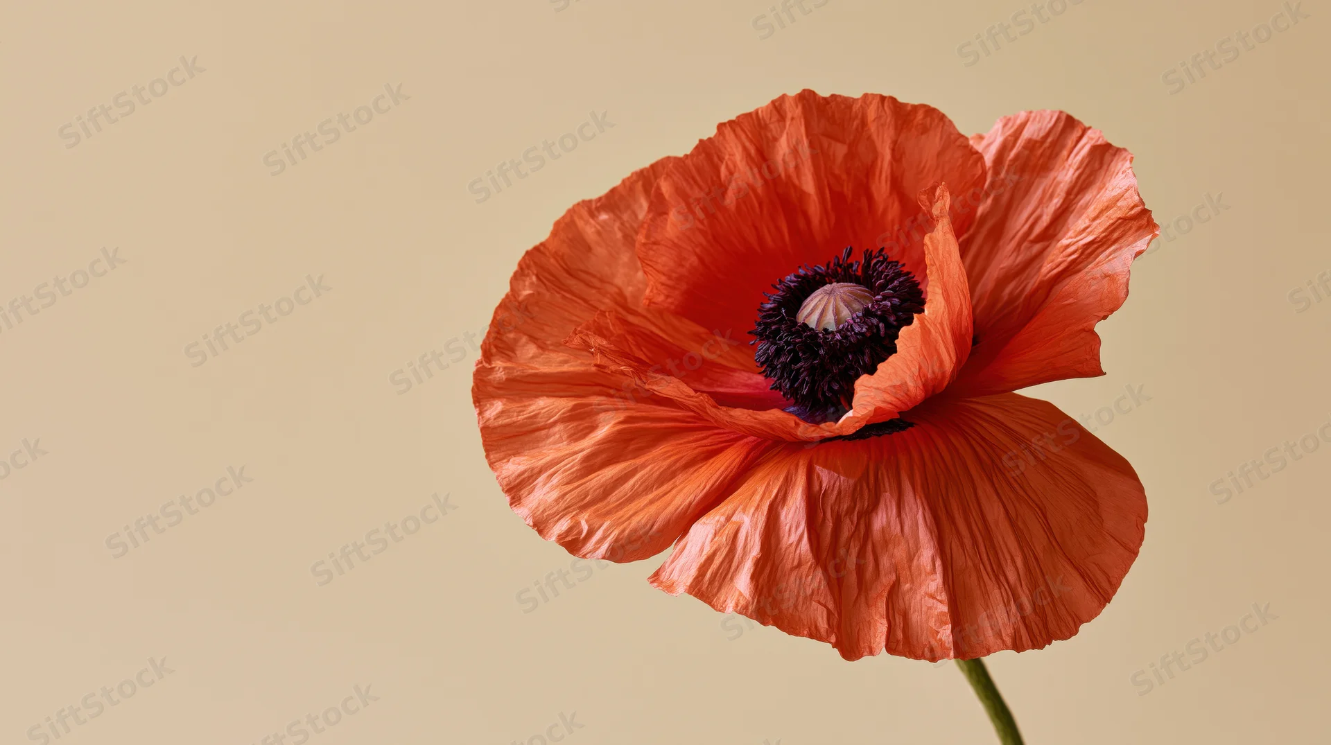 Close-up of a red poppy flower with creased petals and dark center on a plain background