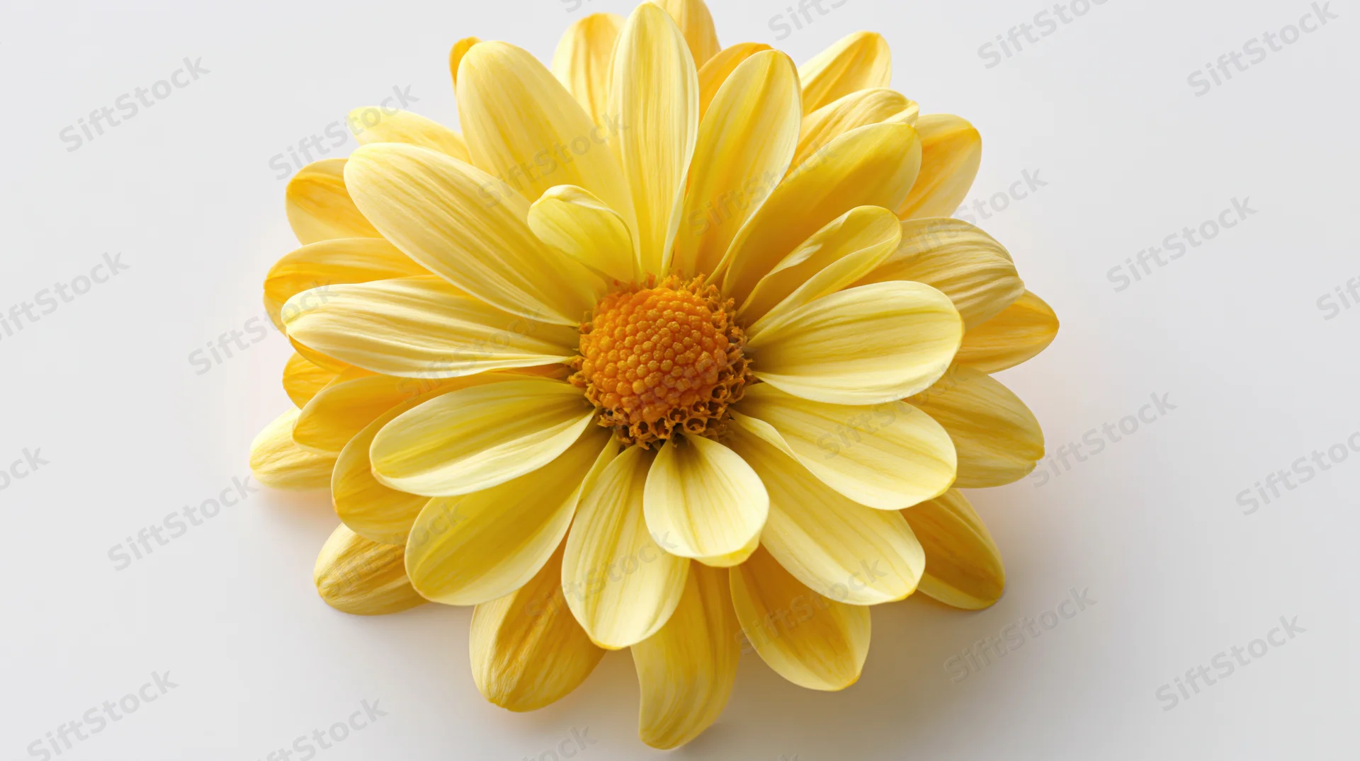Yellow daisy-like flower with broad overlapping petals on white background
