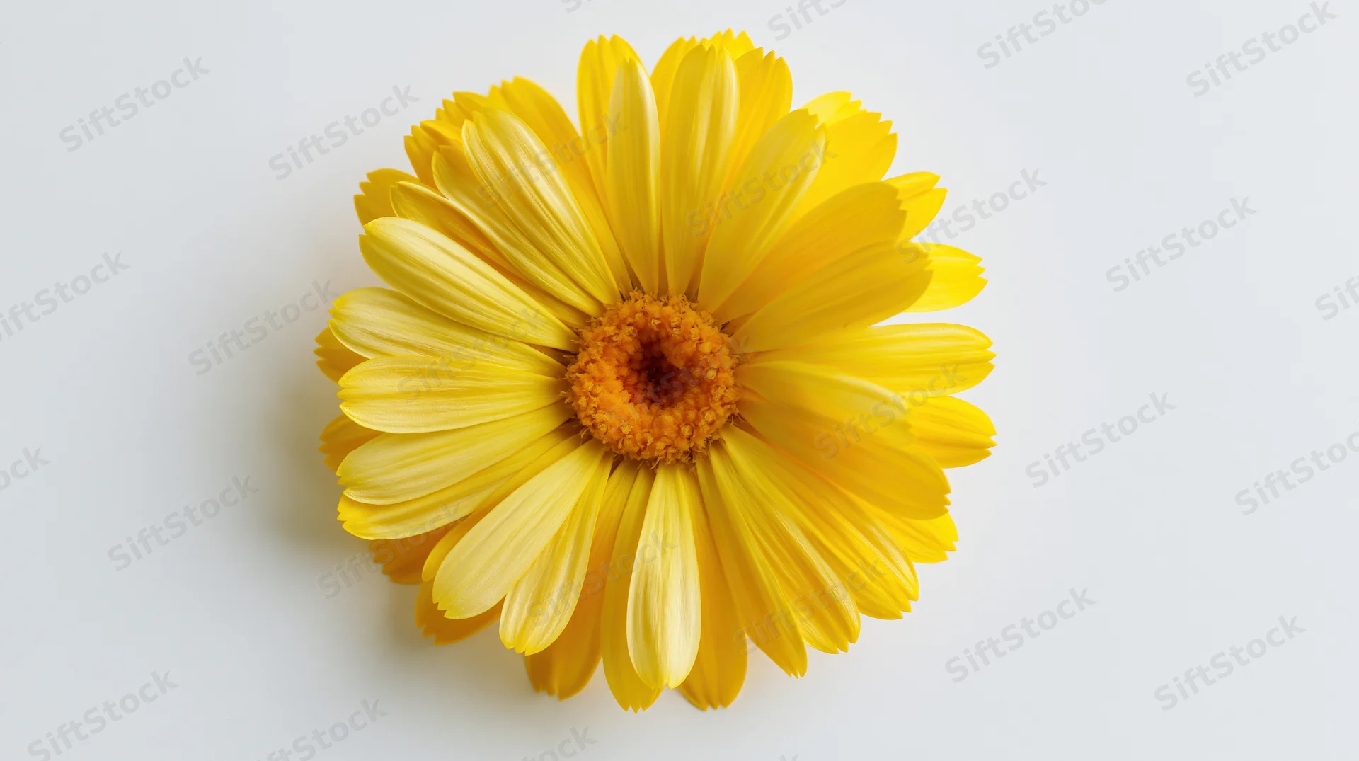 Yellow daisy-like flower with broad overlapping petals on white background