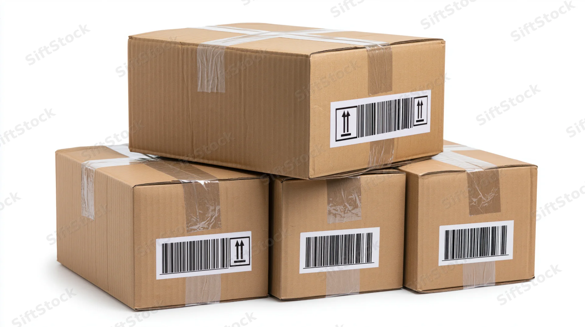 Stacked cardboard shipping boxes arranged in pyramid formation on white background