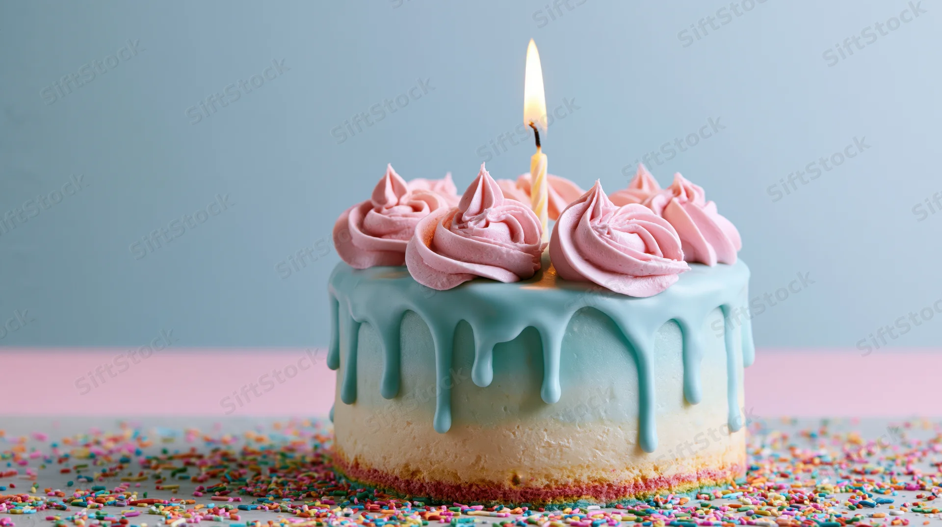 Small birthday cake with one lit candle on a surface covered in colorful sprinkles