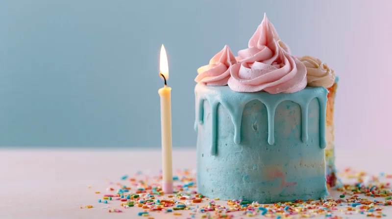 Small birthday cake with one lit candle and colorful sprinkles on a flat surface