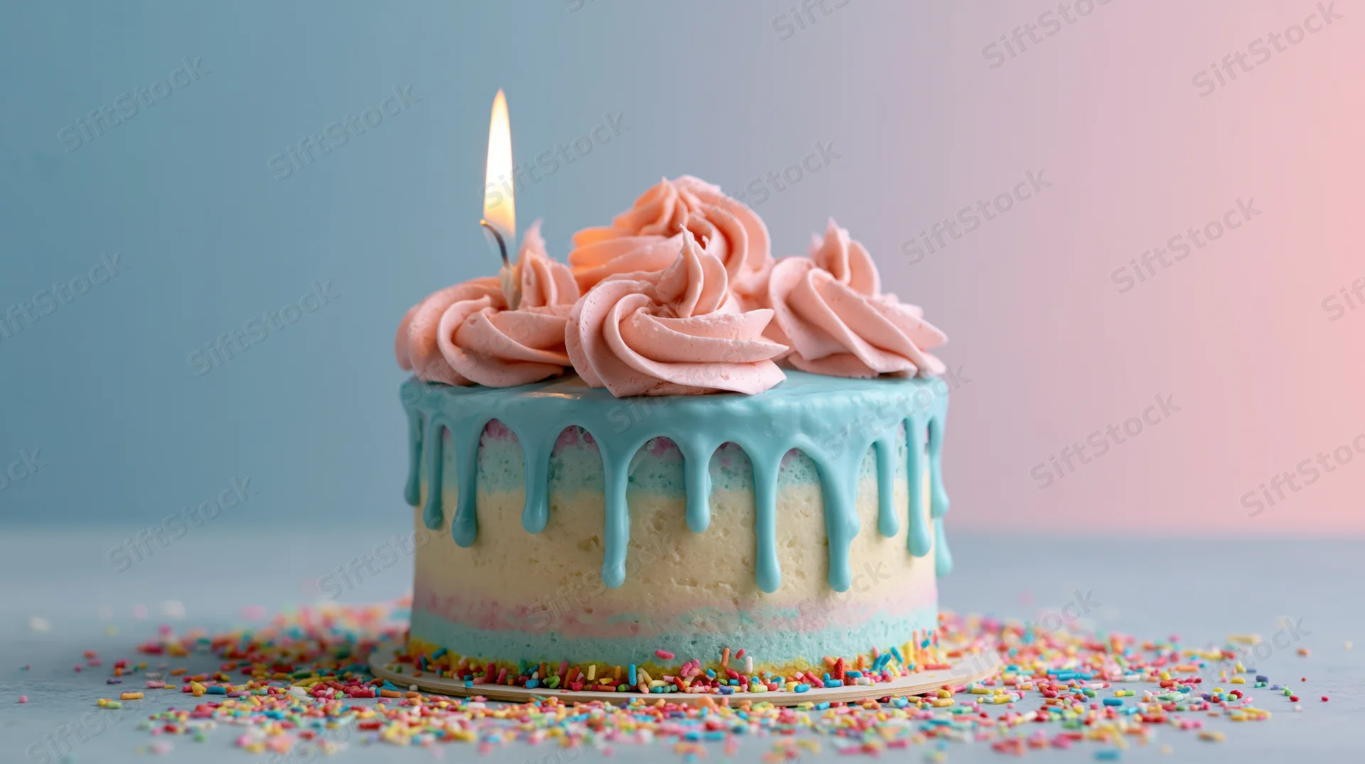 Small birthday cake with one lit candle and pink frosting on blue surface, surrounded by colorful sprinkles