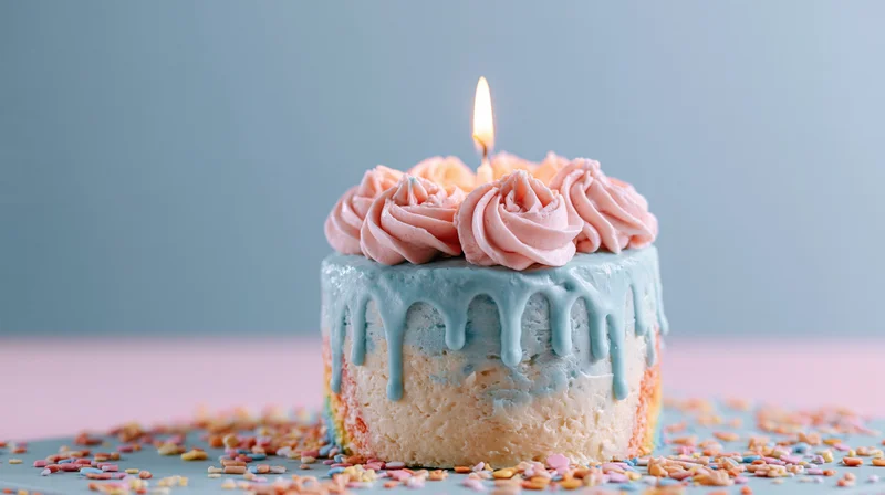 Small birthday cake with one lit candle and pink frosting on a pastel surface surrounded by sprinkles