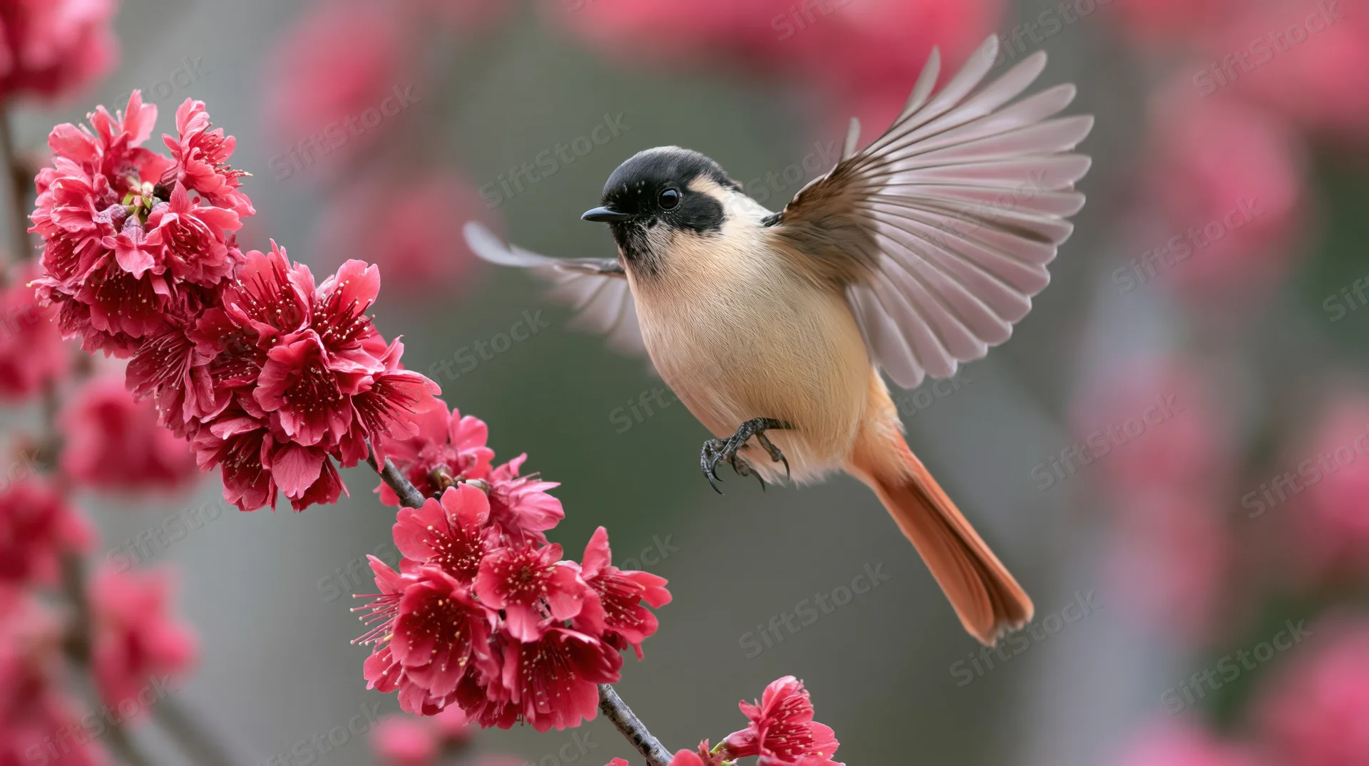 Small black-headed bird with pale peach chest and long red tail flying near pink cherry blossoms on a branch in spring