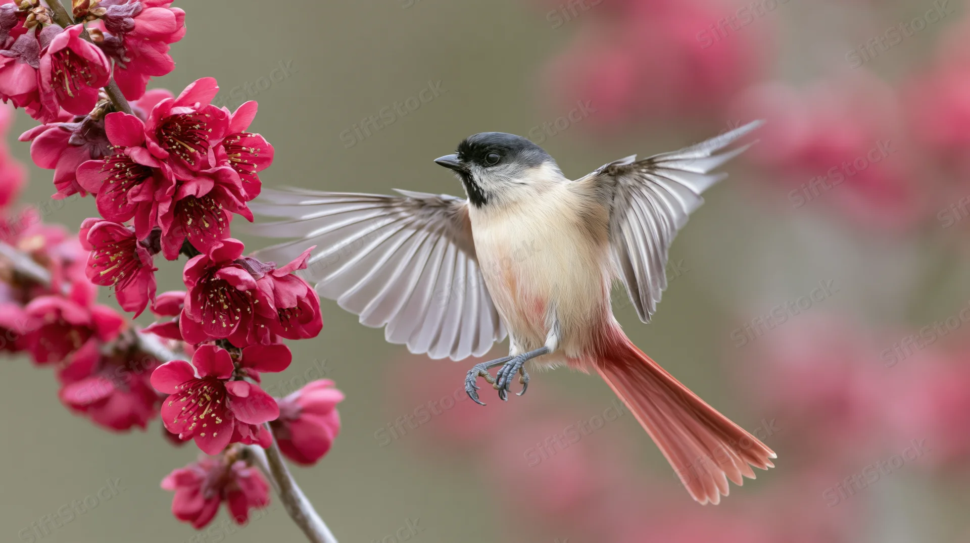 Small black-headed bird with pale peach chest and long red tail hovering near pink cherry blossoms in spring