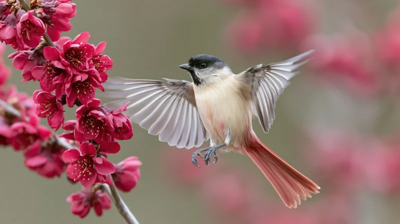 Small black-headed bird with pale peach chest and long red tail hovering near pink cherry blossoms in spring