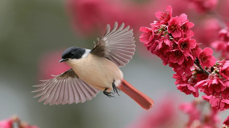 Small bird with black head and red tail flying near pink cherry blossoms in spring garden