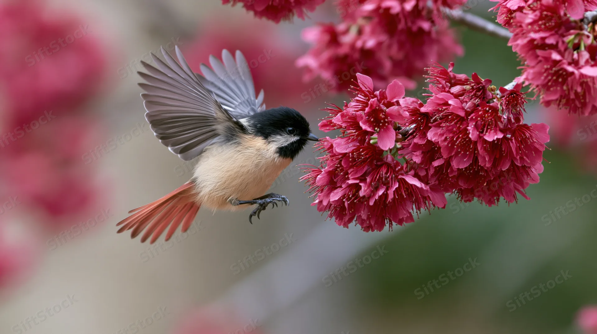 Chickadee flying to feed on pink blossoms in spring garden